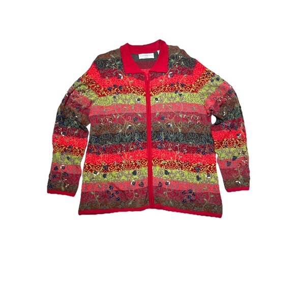 Vtg Marisa Christina Knit Cardigan Sweater Womens 1X Floral Autumn Art Zip Front - Picture 1 of 12